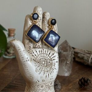 Elegant Navy Blue Natural Stone Earrings with Gold Frame